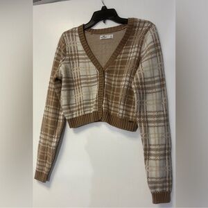 Like New! Hollister Cropped Plaid V-Neck Cardigan - Brown & Cream